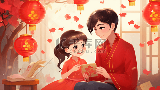 红色中国风欢庆节日人物插画18