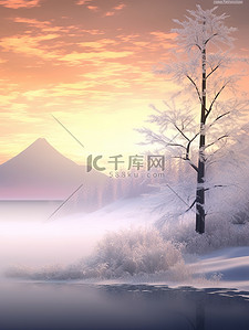 日出插画图片_冬季梦幻的日出雪景3