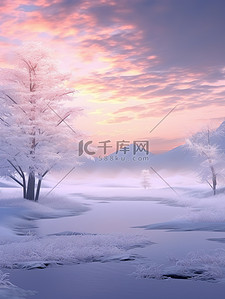 日出插画图片_冬季梦幻的日出雪景14