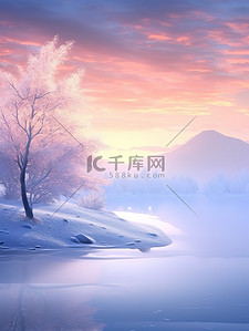冬天的日出插画图片_冬季梦幻的日出雪景11