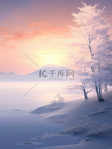 冬天的日出插画图片_冬季梦幻的日出雪景7