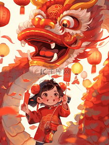 龙年春节插画中国龙和一位小女孩正过新年