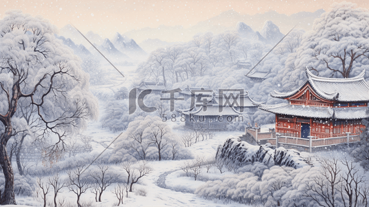 中国风建筑山水插画图片_中国风建筑山水风景插画3