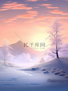 冬天的日出插画图片_冬季梦幻的日出雪景2