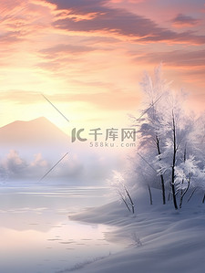 冬天的日出插画图片_冬季梦幻的日出雪景4