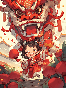 龙年春节插画中国龙和一个女孩过新年