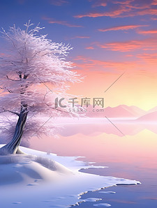 日出插画图片_冬季梦幻的日出雪景15