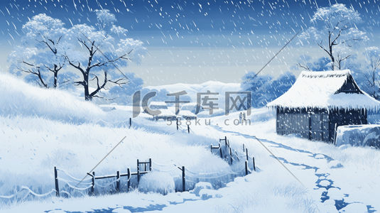 农村冬季插画图片_中国风冬季农村雪景风景插画8