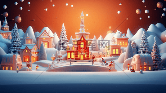 圣诞节雪花礼盒插画图片_3D立体冬季雪景风景插画3