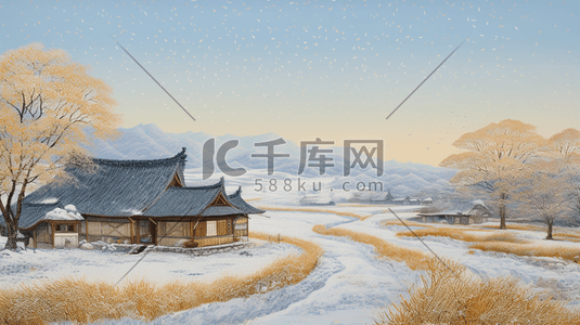 农村冬季插画图片_中国风冬季农村雪景风景插画16