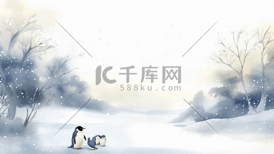 冬季水墨企鹅风景插画9