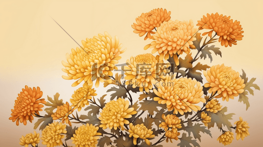 中国风黄色质感插画图片_暖色中国风金菊插画5