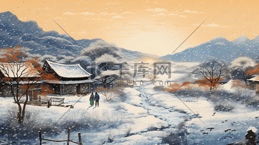 中国风冬季农村雪景风景插画3