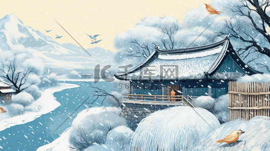 农村冬季插画图片_中国风冬季农村雪景风景插画1