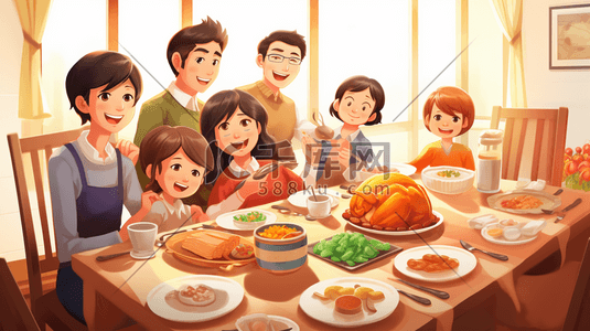 感恩节6插画图片_感恩节一家人餐桌美食插画6