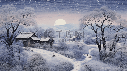 农村冬季插画图片_中国风冬季农村雪景风景插画7