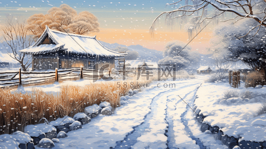 农村冬季插画图片_中国风冬季农村雪景风景插画4