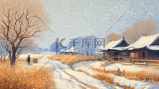 中国风冬季农村雪景风景插画20