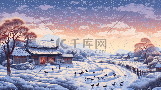 中国风冬季农村雪景风景插画11