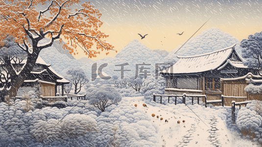 农村冬季插画图片_中国风冬季农村雪景风景插画12