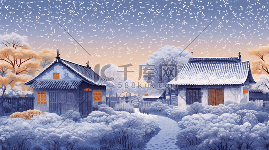 中国风冬季农村雪景风景插画5