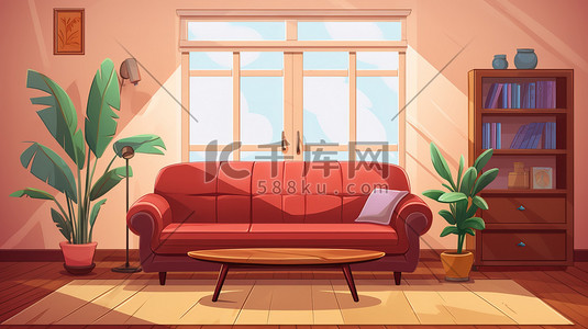 橙色的客厅沙发扁平风插画12