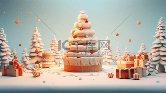 圣诞节雪花礼盒插画图片_3D立体冬季雪景风景插画4