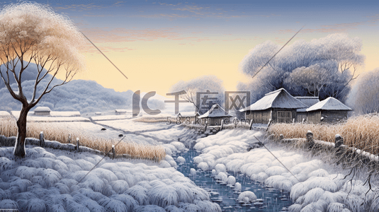 中国风冬季农村雪景风景插画29