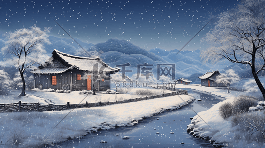 农村冬季插画图片_中国风冬季农村雪景风景插画9