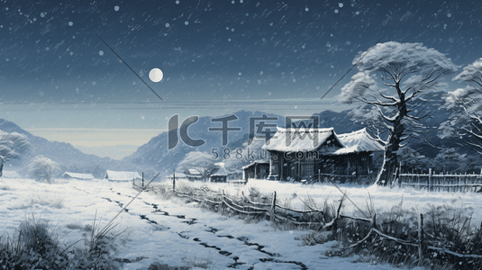 中国风冬季农村雪景风景插画15