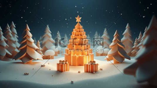 圣诞节雪花礼盒插画图片_3D立体冬季雪景风景插画12