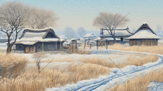 农村冬季插画图片_中国风冬季农村雪景风景插画14