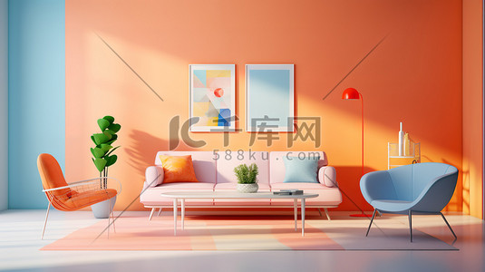 明亮橙色插画图片_明亮的橙色客厅家居装饰15