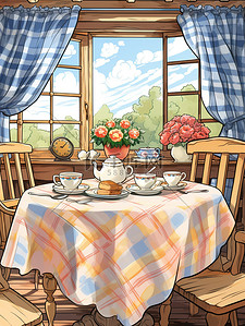 格子插画图片_优雅的茶馆餐厅插画2