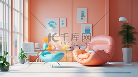 明亮橙色插画图片_明亮的橙色客厅家居装饰1