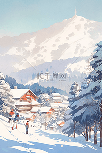 松树手绘插画图片_冬天水彩雪山松树手绘插画