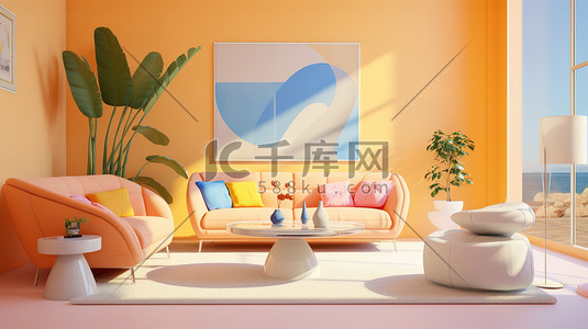明亮橙色插画图片_明亮的橙色客厅家居装饰7