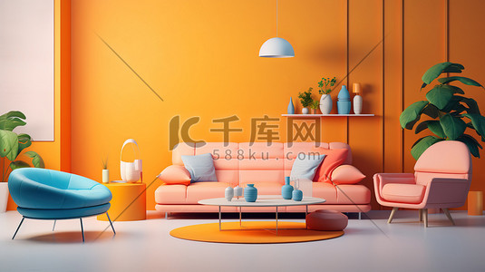明亮橙色插画图片_明亮的橙色客厅家居装饰12