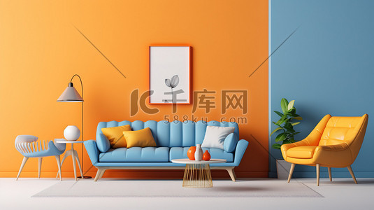 明亮橙色插画图片_明亮的橙色客厅家居装饰18