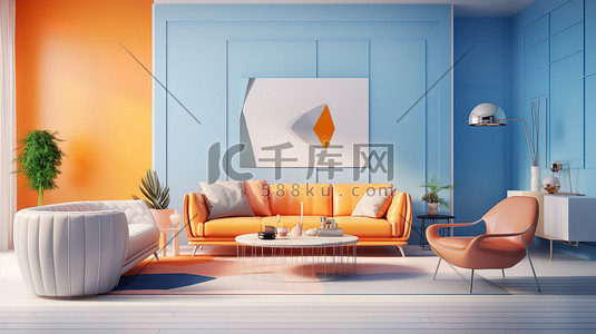 明亮橙色插画图片_明亮的橙色客厅家居装饰14