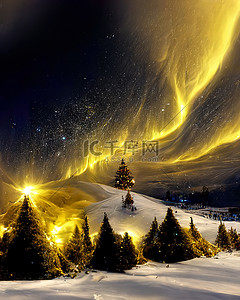 圣诞树夜晚插画图片_极光圣诞树金色光芒2