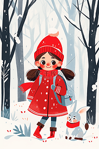 棕色眼睛插画图片_冬天插画海报下雪天女孩在深林里