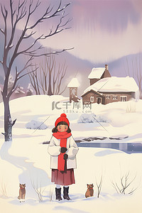 背景雪天插画图片_海报插画女孩雪天冬天卡通手绘