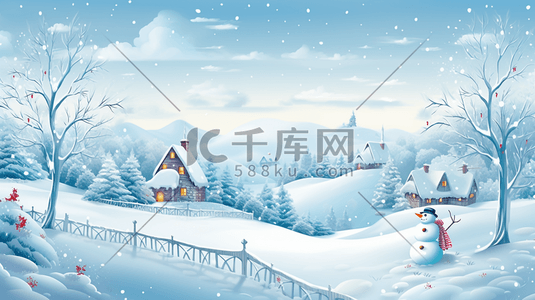 雪山林插画图片_冬季山林雪地上的雪人圣诞节插画10