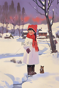 冬天海报插画女孩卡通手绘雪天