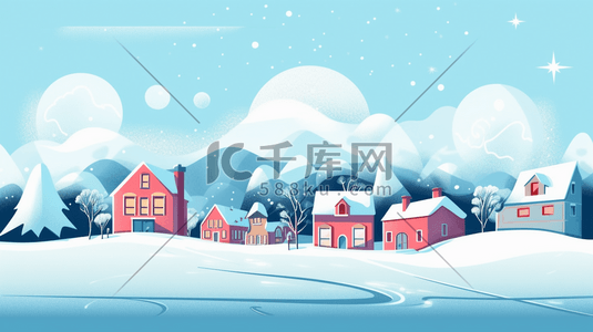 大的小的插画图片_冬天山林雪地里的小乡村插画4