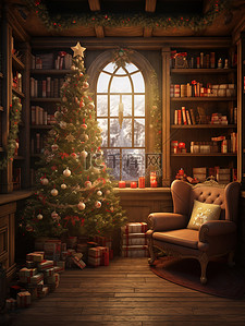 圣诞客厅插画图片_客厅布置圣诞装饰品4