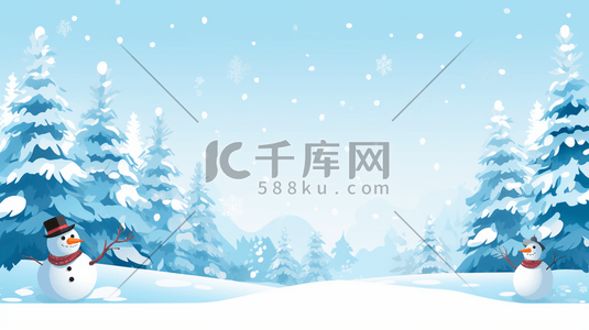 圣诞节松树林插画图片_冬季森林雪地上的雪人圣诞节插画8