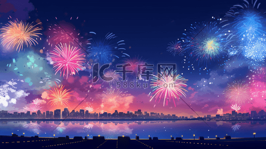 新年数字插画图片_城市夜空的新年绚烂烟花插画5