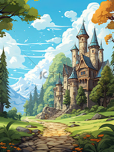 儿童建筑插画图片_欧洲传统建筑森林城堡